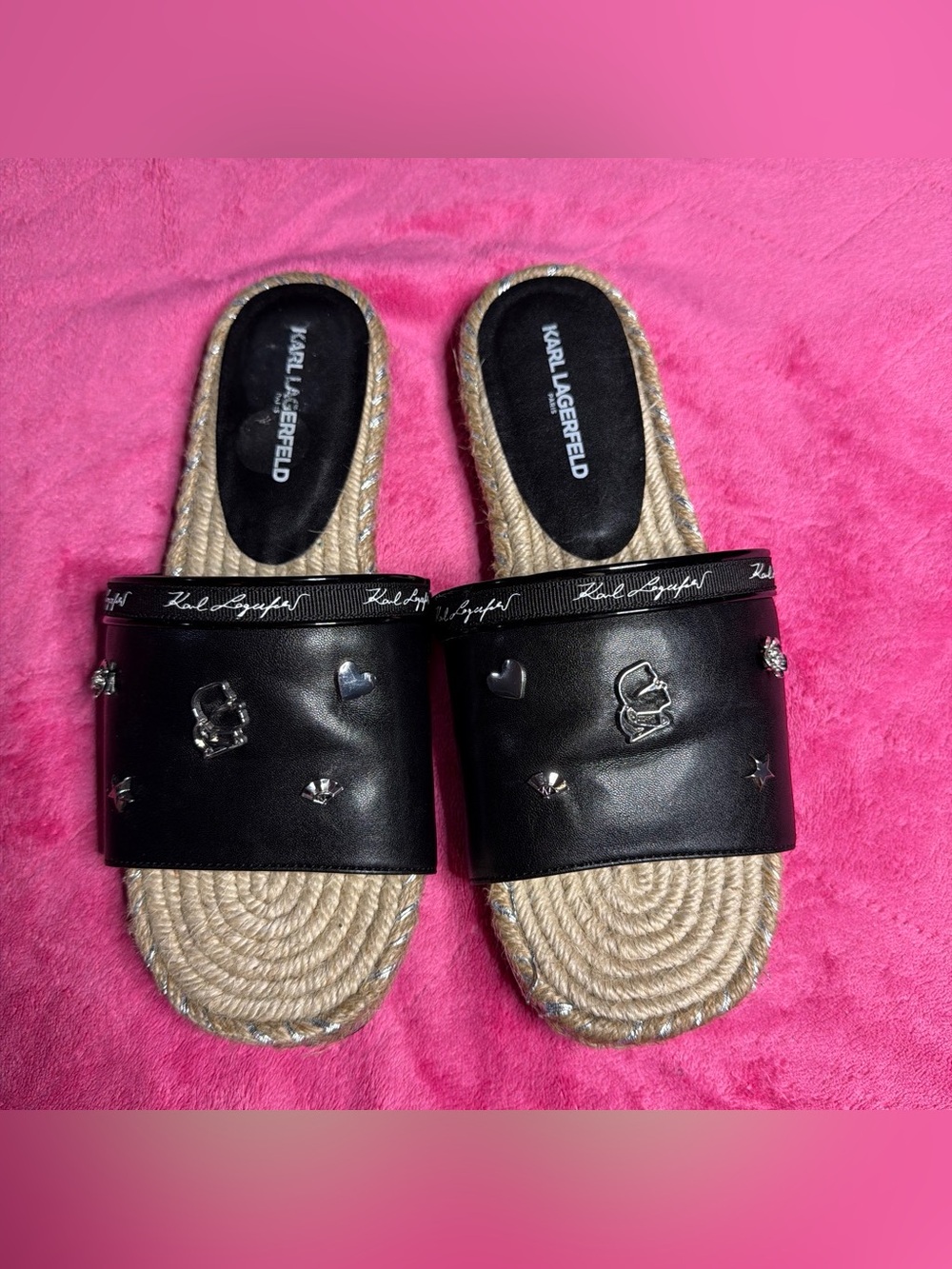Karl Lagerfeld Black Leather Slide Sandals with Metallic Charms
